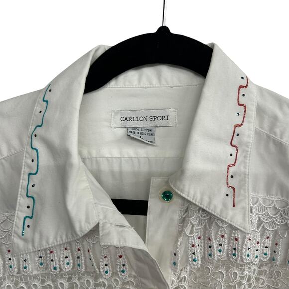 Rhinestone Western Fringe Shirt Carlton‎ Sport Embroidered White Size L - Picture 7 of 9